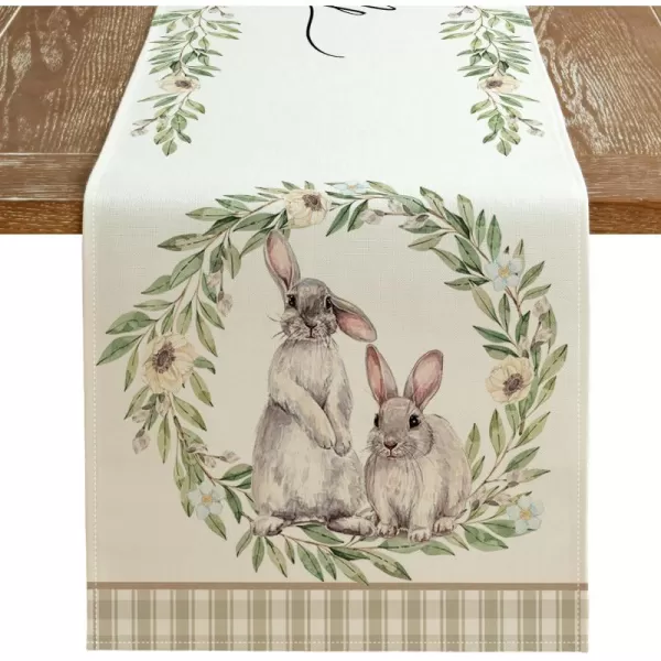 ARKENY Happy Easter Table Runner 13x72 Inches Bunny Rabbit Leaf Floral Spring Holiday Farmhouse Buffalo Plaid Burlap Indoor Table Decorations for Home AT57372