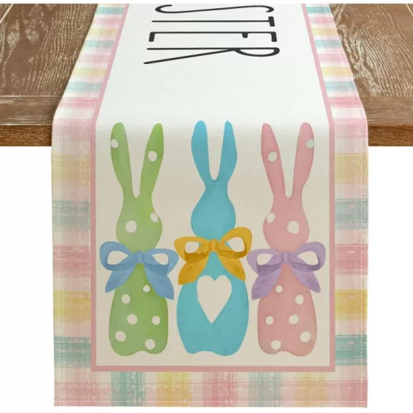 ARKENY Happy Easter Table Runner 13x72 Inches Bunny Rabbit Pink Spring Holiday Farmhouse Burlap Buffalo Plaid Indoor Table Decorations for Home AT39572