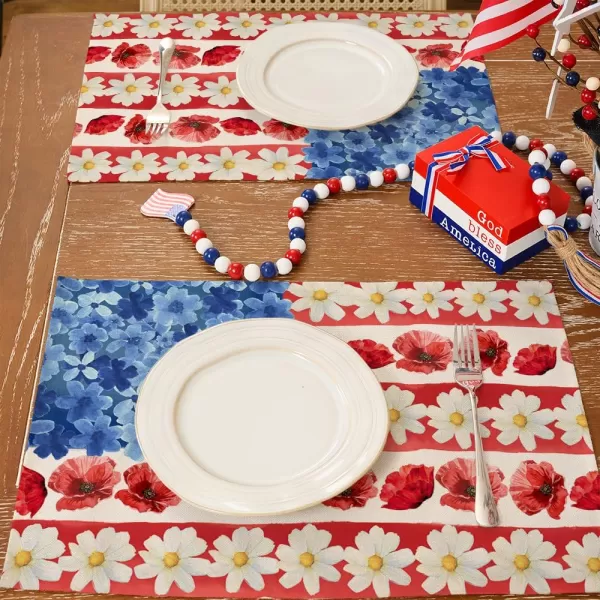 ARKENY 4th of July Memorial Day Placemats 12x18 Inches Set of 4 American Flag Floral Holiday Farmhouse Red Blue Burlap Indoor Patriotic Independence Table Mats Decor for Home Party AP6174Red