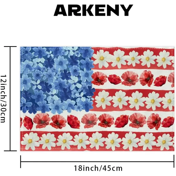 ARKENY 4th of July Memorial Day Placemats 12x18 Inches Set of 4 American Flag Floral Holiday Farmhouse Red Blue Burlap Indoor Patriotic Independence Table Mats Decor for Home Party AP6174Red