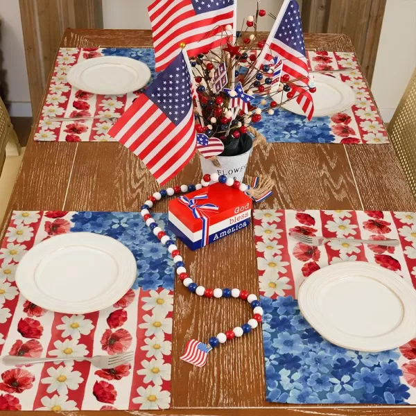 ARKENY 4th of July Memorial Day Placemats 12x18 Inches Set of 4 American Flag Floral Holiday Farmhouse Red Blue Burlap Indoor Patriotic Independence Table Mats Decor for Home Party AP6174Red