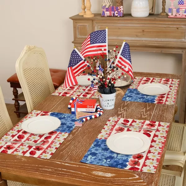 ARKENY 4th of July Memorial Day Placemats 12x18 Inches Set of 4 American Flag Floral Holiday Farmhouse Red Blue Burlap Indoor Patriotic Independence Table Mats Decor for Home Party AP6174Red