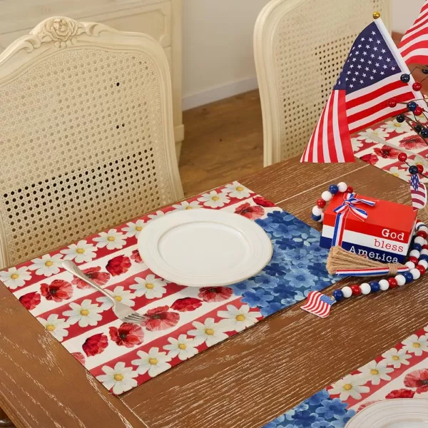 ARKENY 4th of July Memorial Day Placemats 12x18 Inches Set of 4 American Flag Floral Holiday Farmhouse Red Blue Burlap Indoor Patriotic Independence Table Mats Decor for Home Party AP6174Red