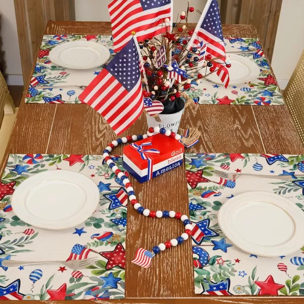 ARKENY 4th of July Memorial Day Placemats 12x18 Inches Set of 4 Eucalyptus Leaves American Flag Floral Holiday Farmhouse Burlap Indoor Patriotic Independence Table Mats Decor for Home AP6154Offwhite