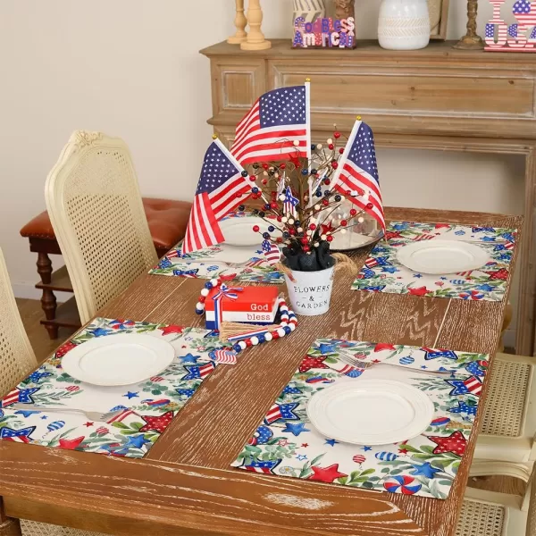 ARKENY 4th of July Memorial Day Placemats 12x18 Inches Set of 4 Eucalyptus Leaves American Flag Floral Holiday Farmhouse Burlap Indoor Patriotic Independence Table Mats Decor for Home AP6154Offwhite