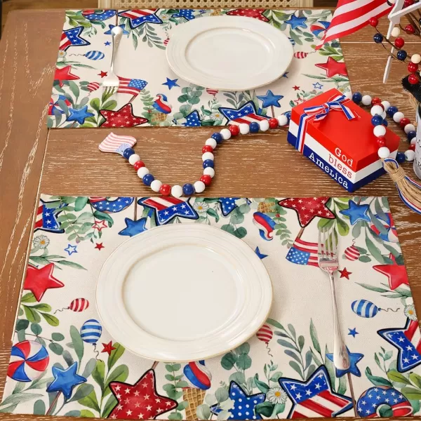 ARKENY 4th of July Memorial Day Placemats 12x18 Inches Set of 4 Eucalyptus Leaves American Flag Floral Holiday Farmhouse Burlap Indoor Patriotic Independence Table Mats Decor for Home AP6154Offwhite