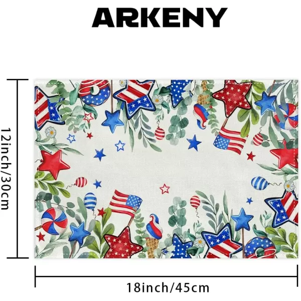 ARKENY 4th of July Memorial Day Placemats 12x18 Inches Set of 4 Eucalyptus Leaves American Flag Floral Holiday Farmhouse Burlap Indoor Patriotic Independence Table Mats Decor for Home AP6154Offwhite