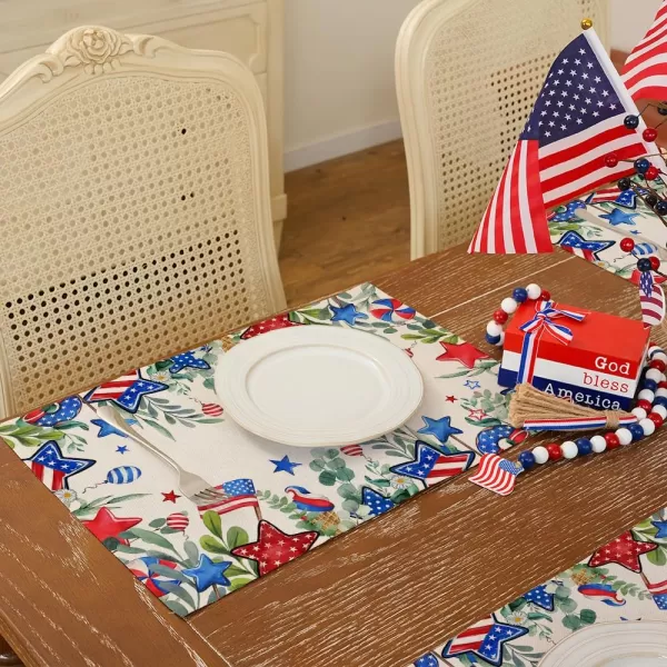 ARKENY 4th of July Memorial Day Placemats 12x18 Inches Set of 4 Eucalyptus Leaves American Flag Floral Holiday Farmhouse Burlap Indoor Patriotic Independence Table Mats Decor for Home AP6154Offwhite