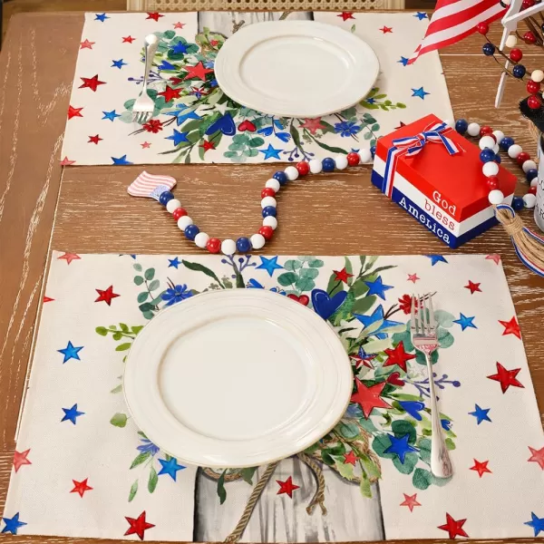 ARKENY 4th of July Memorial Day Placemats 12x18 Inches Set of 4 Eucalyptus Star Floral Holiday Farmhouse Burlap Indoor Patriotic Independence Table Mats Decor for Home Party AP6224Gray