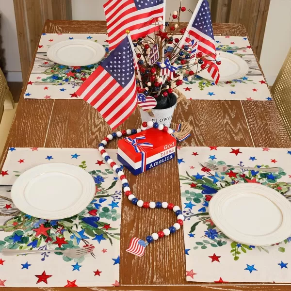 ARKENY 4th of July Memorial Day Placemats 12x18 Inches Set of 4 Eucalyptus Star Floral Holiday Farmhouse Burlap Indoor Patriotic Independence Table Mats Decor for Home Party AP6224Gray