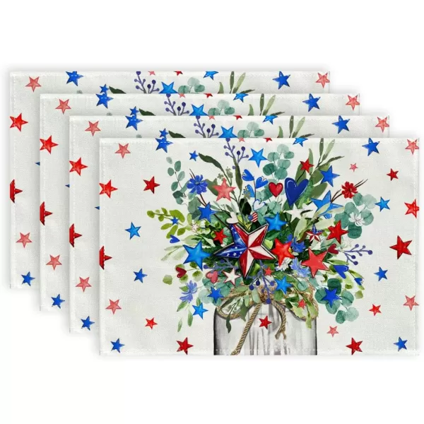 ARKENY 4th of July Memorial Day Placemats 12x18 Inches Set of 4 Eucalyptus Star Floral Holiday Farmhouse Burlap Indoor Patriotic Independence Table Mats Decor for Home Party AP6224Grey