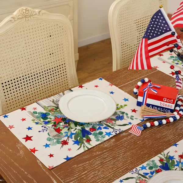 ARKENY 4th of July Memorial Day Placemats 12x18 Inches Set of 4 Eucalyptus Star Floral Holiday Farmhouse Burlap Indoor Patriotic Independence Table Mats Decor for Home Party AP6224Gray