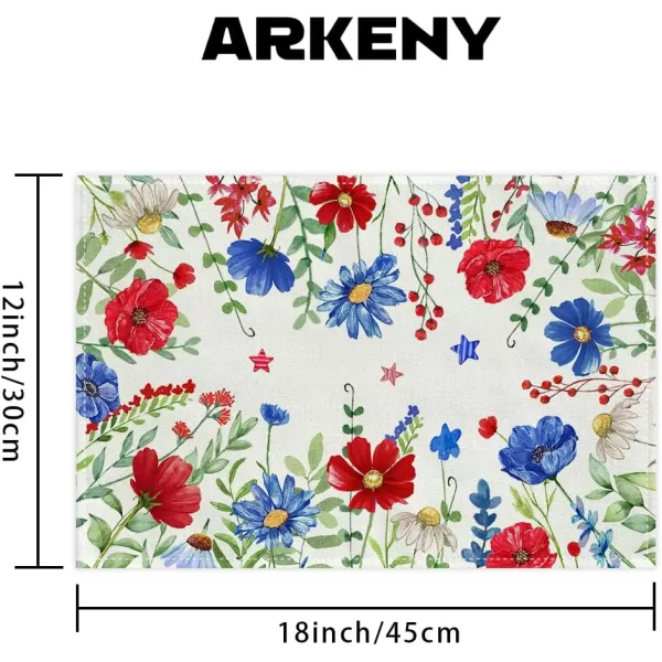 ARKENY 4th of July Memorial Day Placemats 12x18 Inches Set of 4 Floral Eucalyptus Leaves Holiday Farmhouse Burlap Indoor Patriotic Independence Table Mats Decor for Home Party AP6134Offwhite