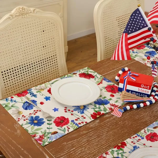 ARKENY 4th of July Memorial Day Placemats 12x18 Inches Set of 4 Floral Eucalyptus Leaves Holiday Farmhouse Burlap Indoor Patriotic Independence Table Mats Decor for Home Party AP6134Offwhite