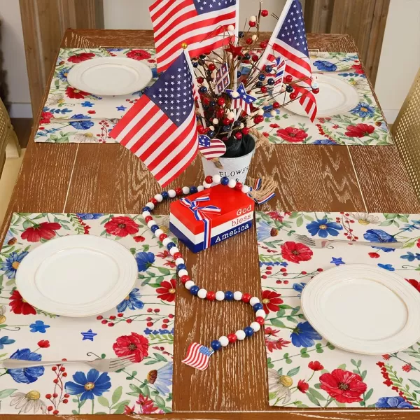 ARKENY 4th of July Memorial Day Placemats 12x18 Inches Set of 4 Floral Eucalyptus Leaves Holiday Farmhouse Burlap Indoor Patriotic Independence Table Mats Decor for Home Party AP6134Offwhite
