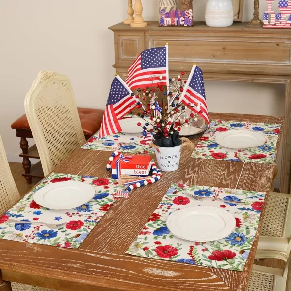 ARKENY 4th of July Memorial Day Placemats 12x18 Inches Set of 4 Floral Eucalyptus Leaves Holiday Farmhouse Burlap Indoor Patriotic Independence Table Mats Decor for Home Party AP6134Offwhite