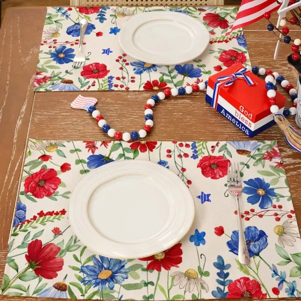 ARKENY 4th of July Memorial Day Placemats 12x18 Inches Set of 4 Floral Eucalyptus Leaves Holiday Farmhouse Burlap Indoor Patriotic Independence Table Mats Decor for Home Party AP6134Offwhite