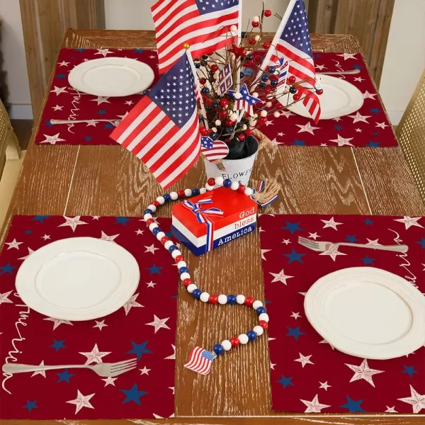 ARKENY 4th of July Memorial Day Placemats 12x18 Inches Set of 4 Freedom Stars Firework Holiday Farmhouse Burlap Indoor Patriotic Independence Table Mats Decor for Home Party AP6124Red