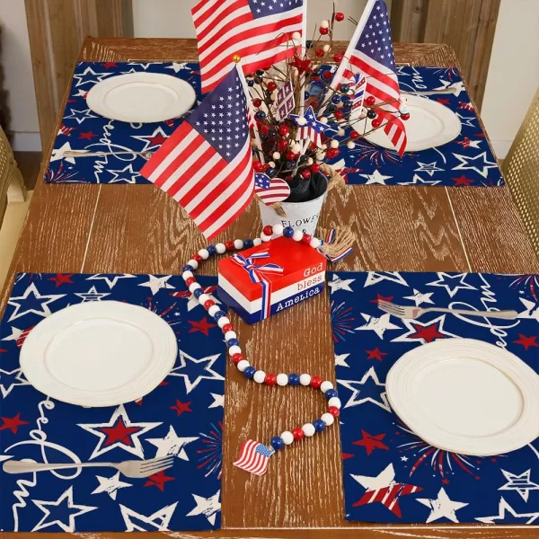 ARKENY 4th of July Memorial Day Placemats 12x18 Inches Set of 4 Freedom Stars Firework Holiday Farmhouse Burlap Indoor Patriotic Independence Table Mats Decor for Home Party AP6124Blue