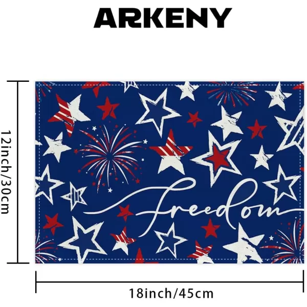 ARKENY 4th of July Memorial Day Placemats 12x18 Inches Set of 4 Freedom Stars Firework Holiday Farmhouse Burlap Indoor Patriotic Independence Table Mats Decor for Home Party AP6124Blue