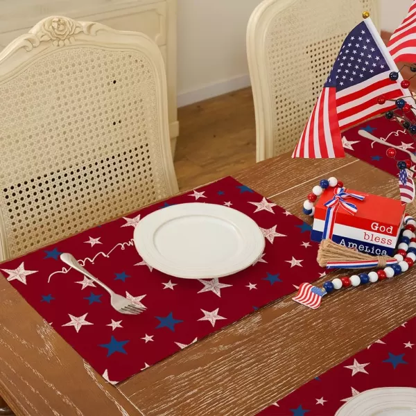 ARKENY 4th of July Memorial Day Placemats 12x18 Inches Set of 4 Freedom Stars Firework Holiday Farmhouse Burlap Indoor Patriotic Independence Table Mats Decor for Home Party AP6124Red