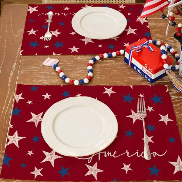 ARKENY 4th of July Memorial Day Placemats 12x18 Inches Set of 4 Freedom Stars Firework Holiday Farmhouse Burlap Indoor Patriotic Independence Table Mats Decor for Home Party AP6124Red