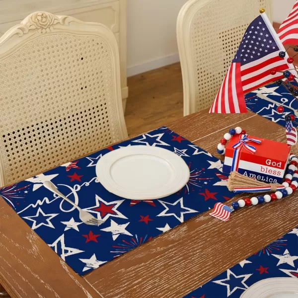 ARKENY 4th of July Memorial Day Placemats 12x18 Inches Set of 4 Freedom Stars Firework Holiday Farmhouse Burlap Indoor Patriotic Independence Table Mats Decor for Home Party AP6124Blue