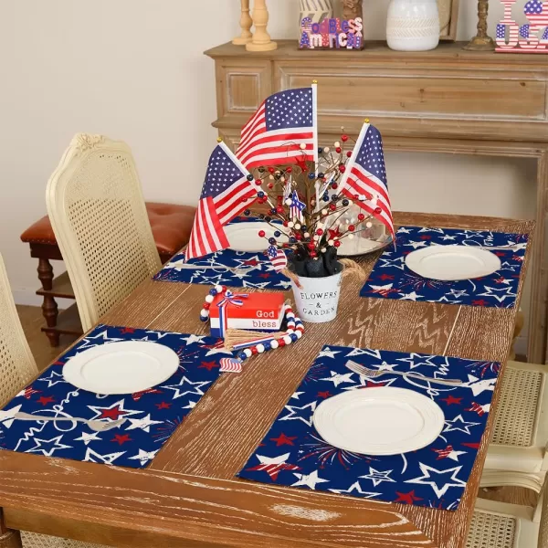 ARKENY 4th of July Memorial Day Placemats 12x18 Inches Set of 4 Freedom Stars Firework Holiday Farmhouse Burlap Indoor Patriotic Independence Table Mats Decor for Home Party AP6124Blue