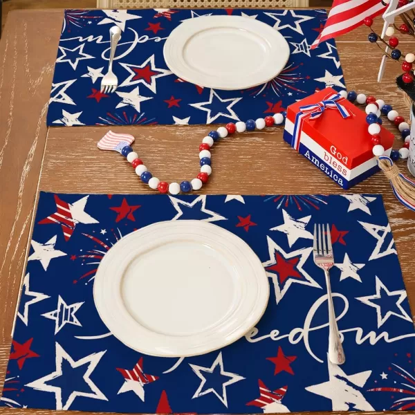 ARKENY 4th of July Memorial Day Placemats 12x18 Inches Set of 4 Freedom Stars Firework Holiday Farmhouse Burlap Indoor Patriotic Independence Table Mats Decor for Home Party AP6124Blue