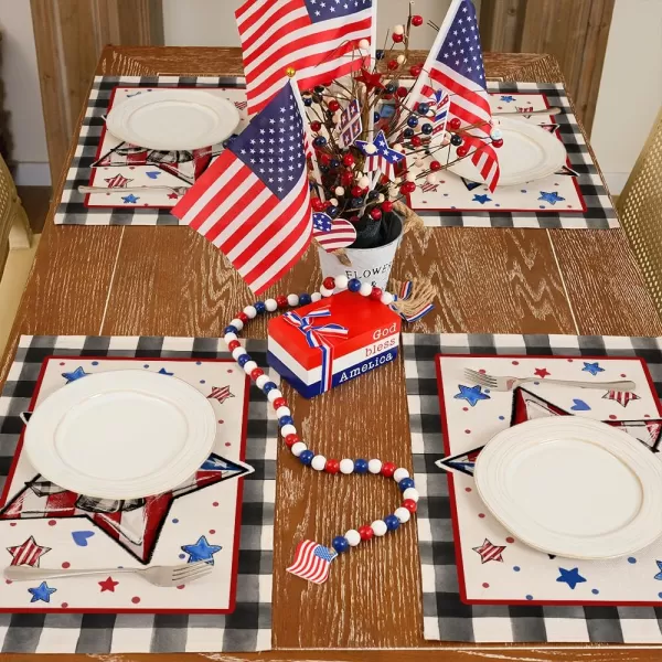 ARKENY 4th of July Memorial Day Placemats 12x18 Inches Set of 4 Star American Flag Holiday Farmhouse Buffalo Plaid Burlap Indoor Patriotic Independence Table Mats Decor for Home Party AP6164Buffalo Plaid