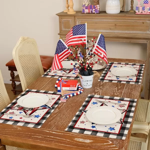 ARKENY 4th of July Memorial Day Placemats 12x18 Inches Set of 4 Star American Flag Holiday Farmhouse Buffalo Plaid Burlap Indoor Patriotic Independence Table Mats Decor for Home Party AP6164Buffalo Plaid