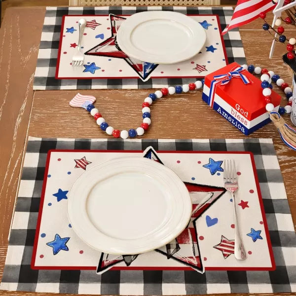 ARKENY 4th of July Memorial Day Placemats 12x18 Inches Set of 4 Star American Flag Holiday Farmhouse Buffalo Plaid Burlap Indoor Patriotic Independence Table Mats Decor for Home Party AP6164Buffalo Plaid