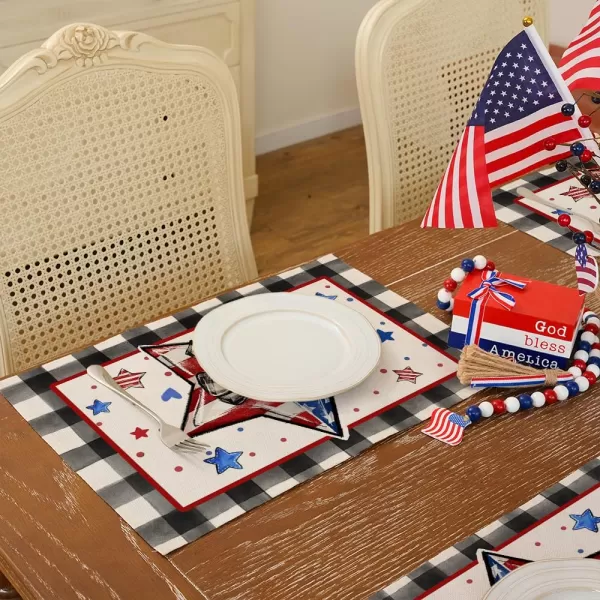 ARKENY 4th of July Memorial Day Placemats 12x18 Inches Set of 4 Star American Flag Holiday Farmhouse Buffalo Plaid Burlap Indoor Patriotic Independence Table Mats Decor for Home Party AP6164Buffalo Plaid