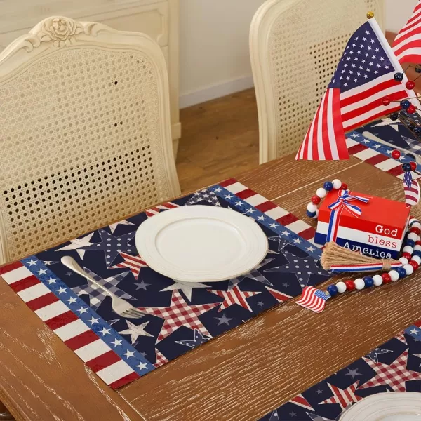 ARKENY 4th of July Memorial Day Placemats 12x18 Inches Set of 4 Star American Flag Holiday Farmhouse Burlap Indoor Kitchen Dining Patriotic Independence Table Mats Decor for Home Party AP6204Blue