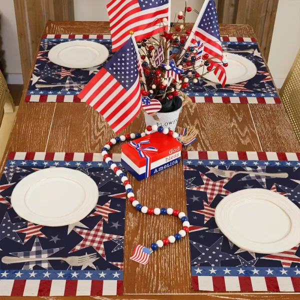 ARKENY 4th of July Memorial Day Placemats 12x18 Inches Set of 4 Star American Flag Holiday Farmhouse Burlap Indoor Kitchen Dining Patriotic Independence Table Mats Decor for Home Party AP6204Blue