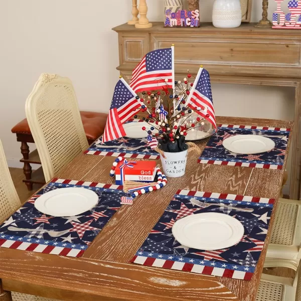 ARKENY 4th of July Memorial Day Placemats 12x18 Inches Set of 4 Star American Flag Holiday Farmhouse Burlap Indoor Kitchen Dining Patriotic Independence Table Mats Decor for Home Party AP6204Blue