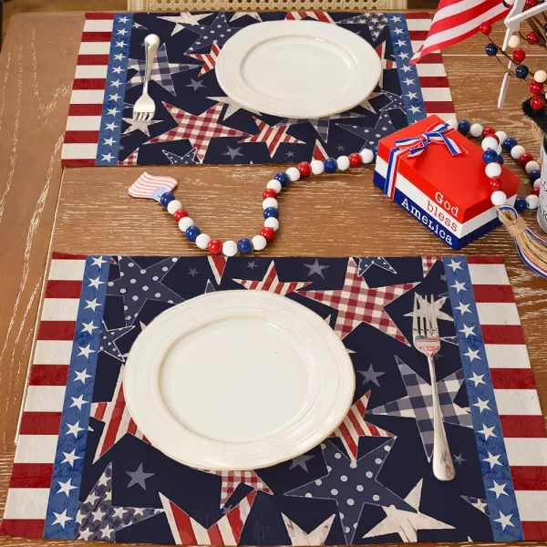 ARKENY 4th of July Memorial Day Placemats 12x18 Inches Set of 4 Star American Flag Holiday Farmhouse Burlap Indoor Kitchen Dining Patriotic Independence Table Mats Decor for Home Party AP6204Blue