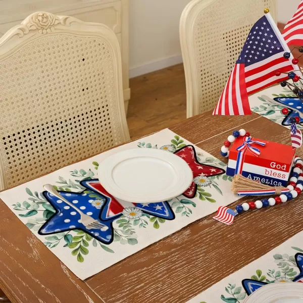 ARKENY 4th of July Memorial Day Placemats 12x18 Inches Set of 4 Star Eucalyptus Leaves American Flag Holiday Farmhouse Burlap Indoor Patriotic Independence Table Mats Decor for Home AP6144Offwhite