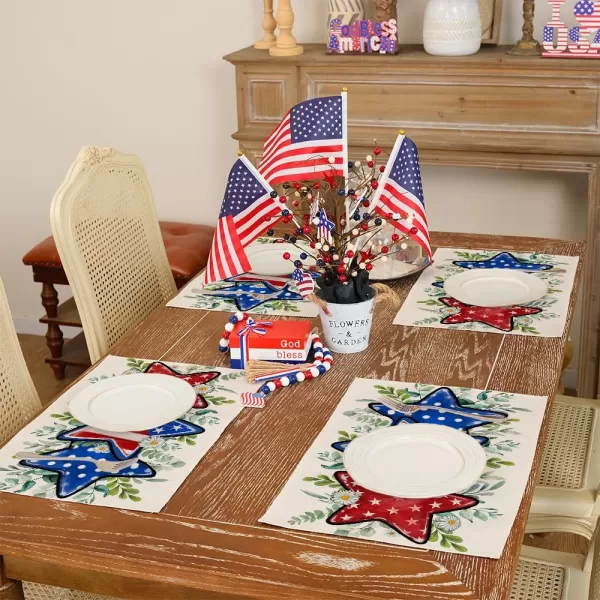 ARKENY 4th of July Memorial Day Placemats 12x18 Inches Set of 4 Star Eucalyptus Leaves American Flag Holiday Farmhouse Burlap Indoor Patriotic Independence Table Mats Decor for Home AP6144Offwhite