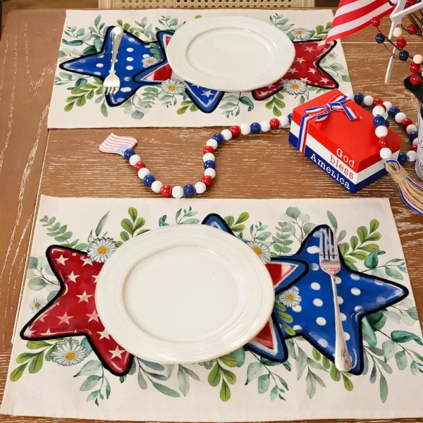 ARKENY 4th of July Memorial Day Placemats 12x18 Inches Set of 4 Star Eucalyptus Leaves American Flag Holiday Farmhouse Burlap Indoor Patriotic Independence Table Mats Decor for Home AP6144Offwhite