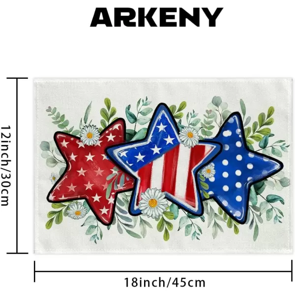 ARKENY 4th of July Memorial Day Placemats 12x18 Inches Set of 4 Star Eucalyptus Leaves American Flag Holiday Farmhouse Burlap Indoor Patriotic Independence Table Mats Decor for Home AP6144Offwhite