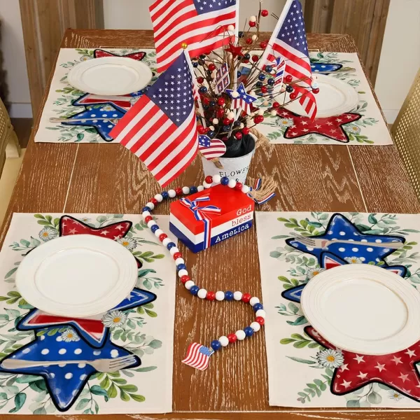 ARKENY 4th of July Memorial Day Placemats 12x18 Inches Set of 4 Star Eucalyptus Leaves American Flag Holiday Farmhouse Burlap Indoor Patriotic Independence Table Mats Decor for Home AP6144Offwhite