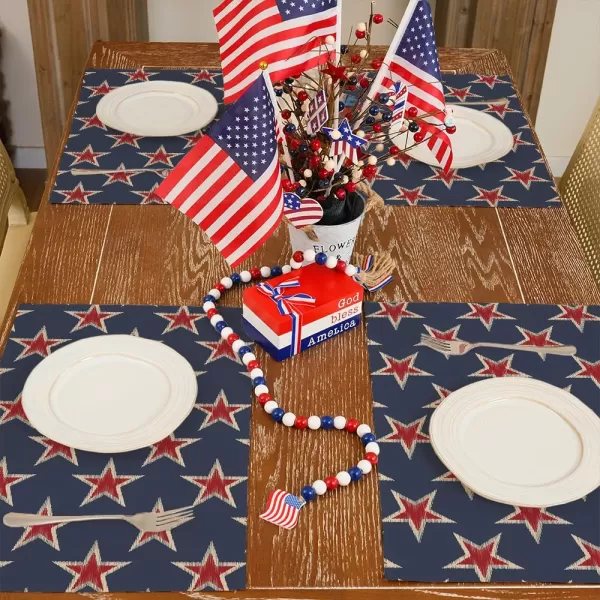 ARKENY 4th of July Memorial Day Placemats 12x18 Inches Set of 4 Star Holiday Farmhouse Blue Burlap Indoor Kitchen Dining Patriotic Independence Table Mats Decor for Home Party AP6194Blue