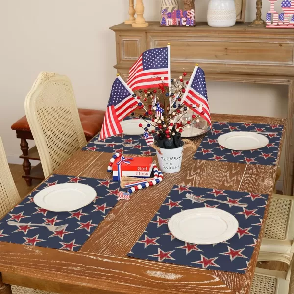 ARKENY 4th of July Memorial Day Placemats 12x18 Inches Set of 4 Star Holiday Farmhouse Blue Burlap Indoor Kitchen Dining Patriotic Independence Table Mats Decor for Home Party AP6194Blue