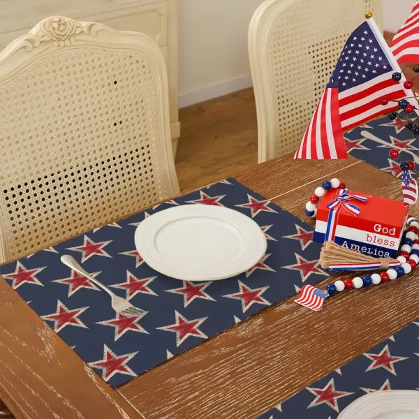 ARKENY 4th of July Memorial Day Placemats 12x18 Inches Set of 4 Star Holiday Farmhouse Blue Burlap Indoor Kitchen Dining Patriotic Independence Table Mats Decor for Home Party AP6194Blue