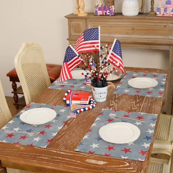 ARKENY 4th of July Memorial Day Placemats 12x18 Inches Set of 4 Star Holiday Farmhouse Blue Burlap Indoor Kitchen Dining Patriotic Independence Table Mats Decor for Home Party AP6194Grayish Blue