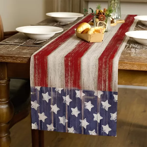 ARKENY 4th of July Memorial Day Table Runner 13x120 Inches Star American Flag Holiday Farmhouse Stripe Burlap Indoor Kitchen Dining Patriotic Independence Table Decorations for Home Party AT220120Red