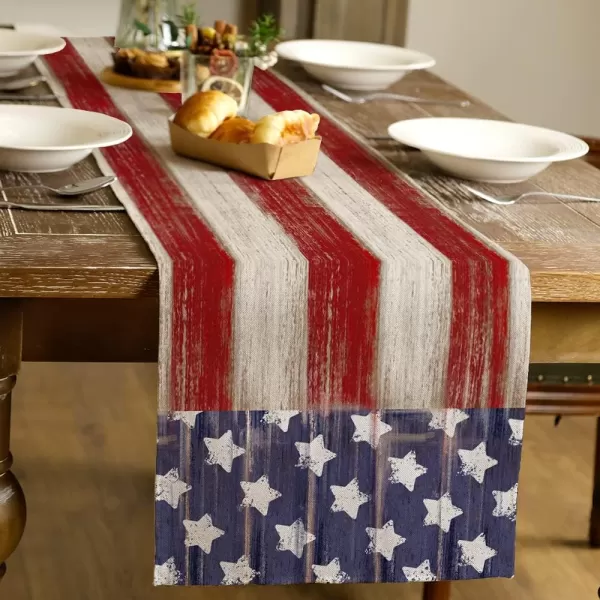 ARKENY 4th of July Memorial Day Table Runner 13x120 Inches Star American Flag Holiday Farmhouse Stripe Burlap Indoor Kitchen Dining Patriotic Independence Table Decorations for Home Party AT220120Red