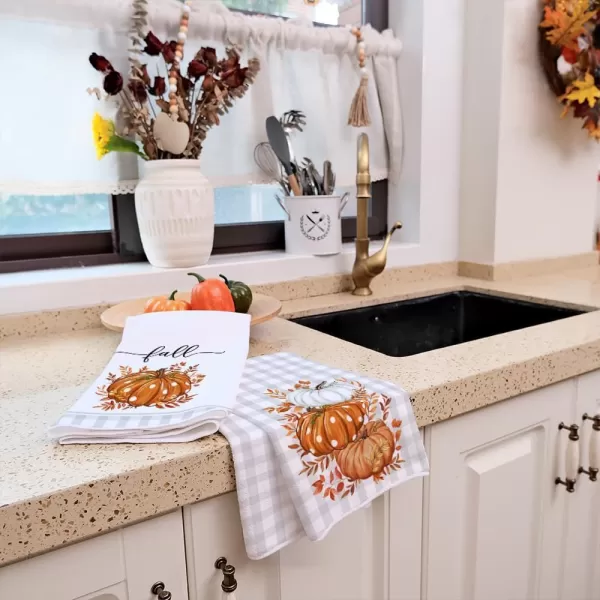 ARKENY Fall Kitchen Towels Set of 2Orange Pumpkin Eucalyptus Leaves Autumn Dish Towels 18x26 Inch Drying DishclothFarmhouse Home Decoration AD119Orange Farmhouse