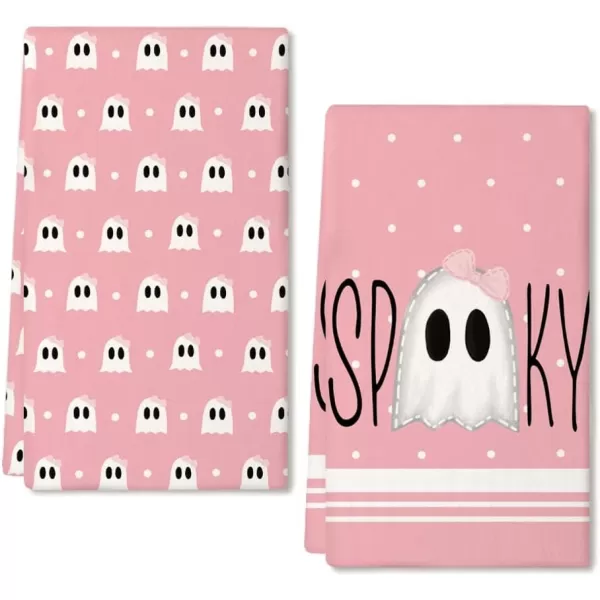 ARKENY Halloween Kitchen Dish Towels Set of 2Pink Ghost Bowknot 18x26 Inch Drying DishclothFarmhouse Home Decoration AD112Black